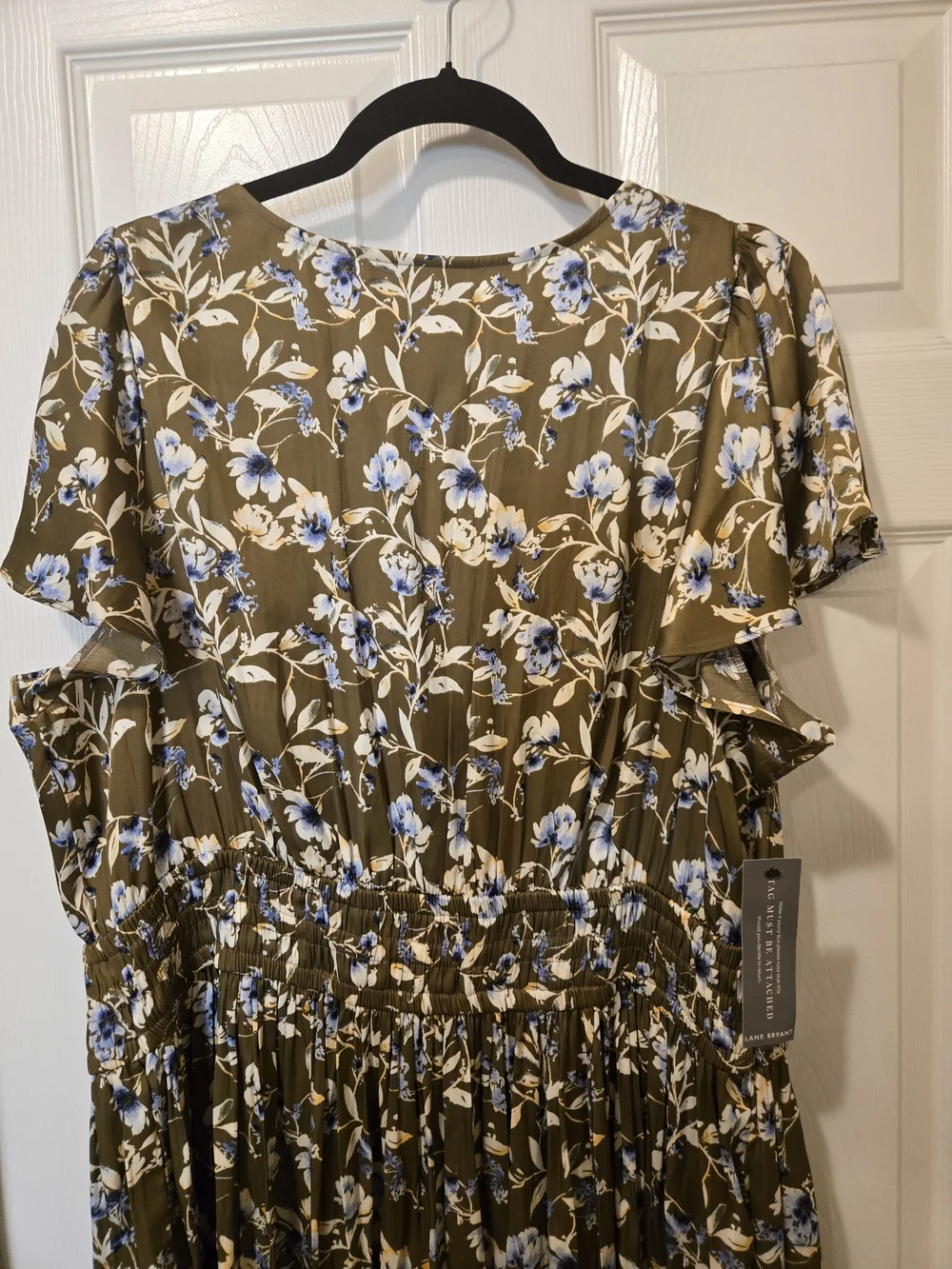 Lane Bryant Olive Green Midi Dress with Blue and White Floral Print